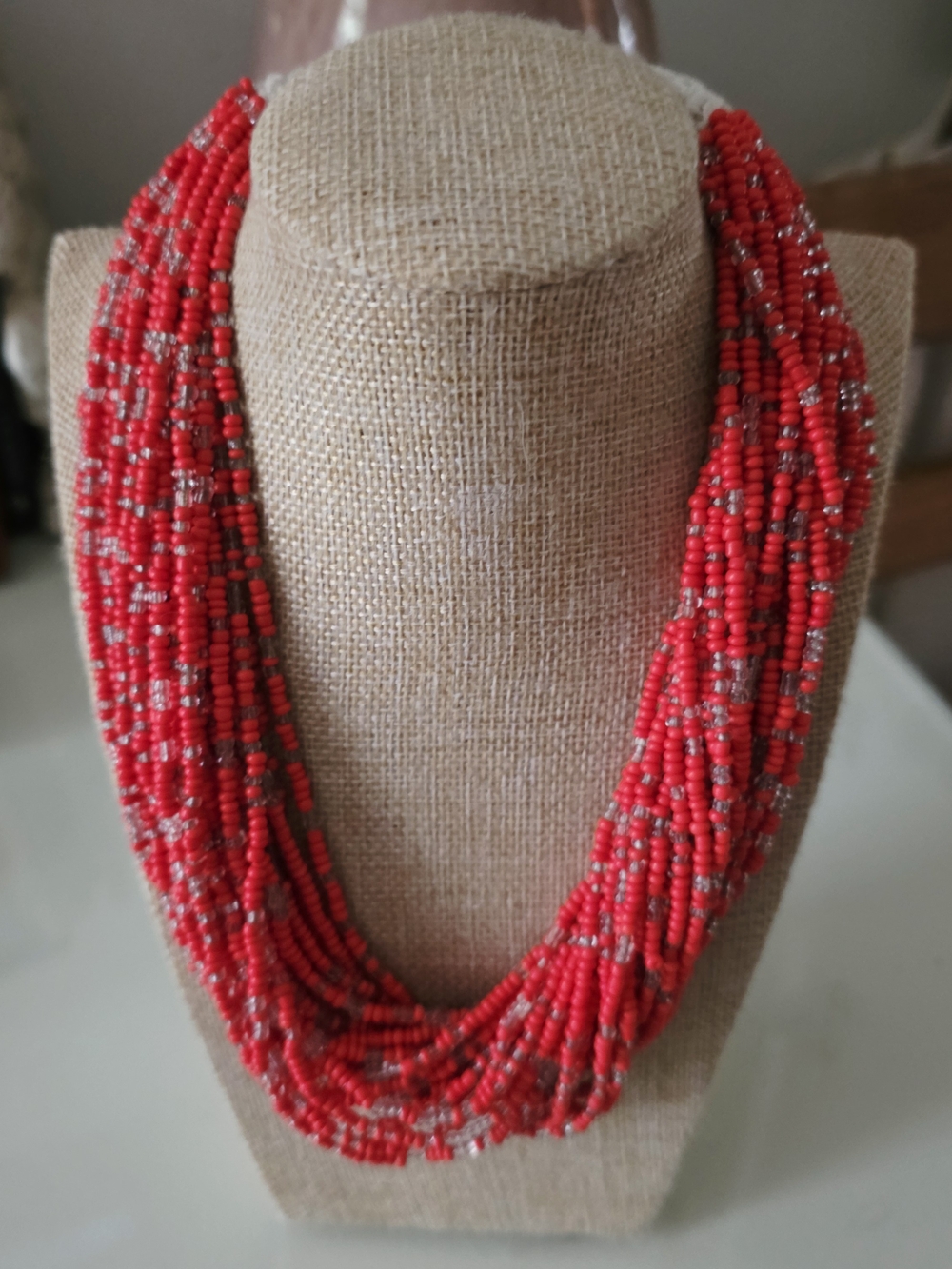 Handmade Beaded Coral Red Necklace 18 Inch
